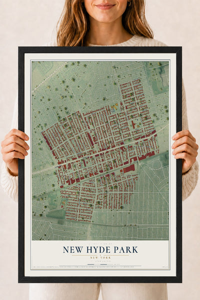 New Hyde Park, New York map print, 18" x 24" W/ Black Ayous Wood Frame mockup