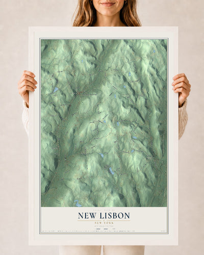New Lisbon, New York map print, 24" x 36" W/ White Ayous Wood Frame mockup