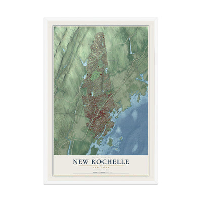 New Rochelle, New York map print, 12" x 18" W/ White Ayous Wood Frame mockup