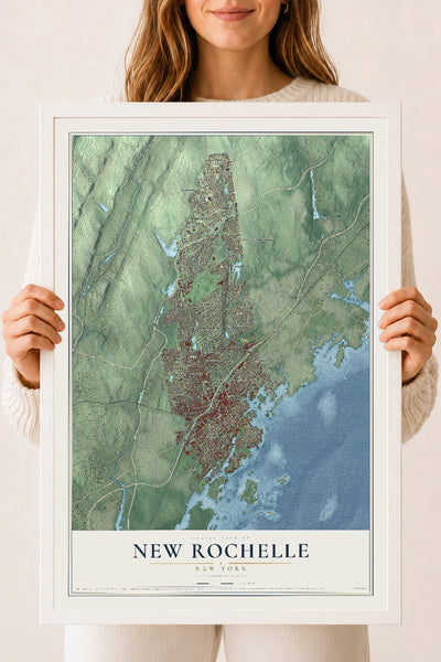 New Rochelle, New York map print, 18" x 24" W/ White Ayous Wood Frame mockup
