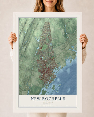 New Rochelle, New York map print, 24" x 36" W/ White Ayous Wood Frame mockup