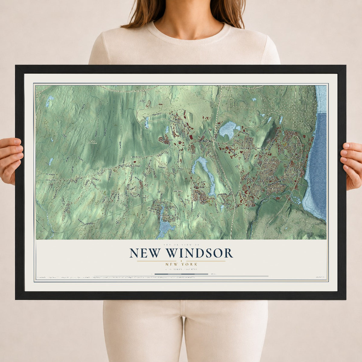 New Windsor, New York map print, 18" x 24" W/ Black Ayous Wood Frame mockup