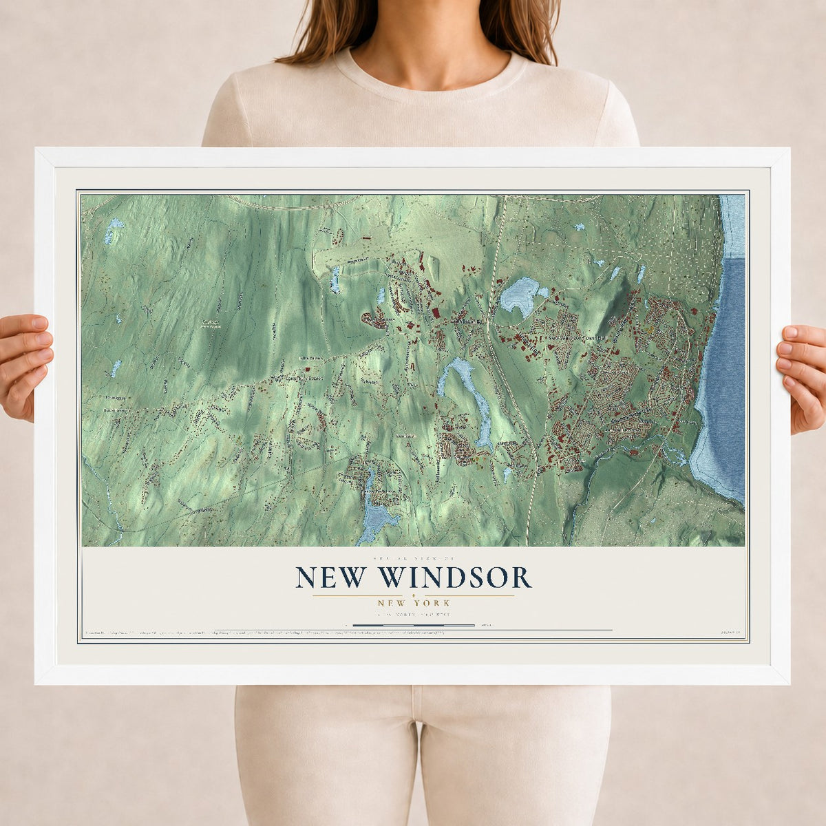New Windsor, New York map print, 18" x 24" W/ White Ayous Wood Frame mockup