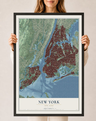 Map of New York, New York, 24 x 36 inch print in a black wood frame