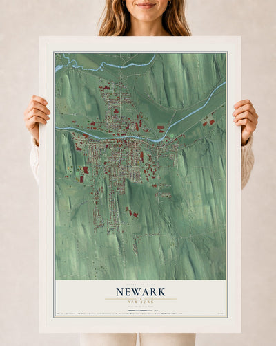 Newark, New York map print, 24" x 36" W/ White Ayous Wood Frame mockup