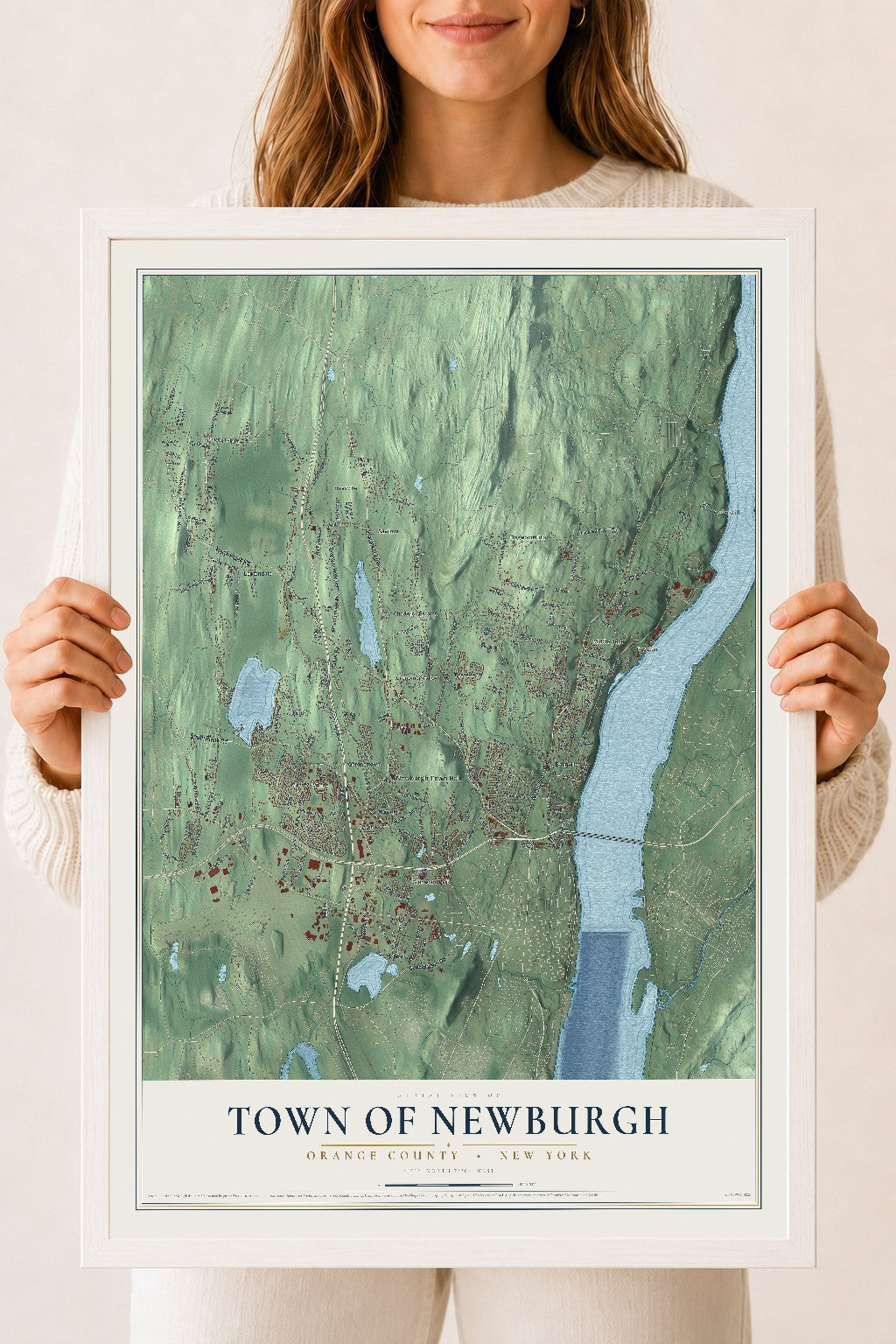 Newburgh, New York map print, 18" x 24" W/ White Ayous Wood Frame mockup