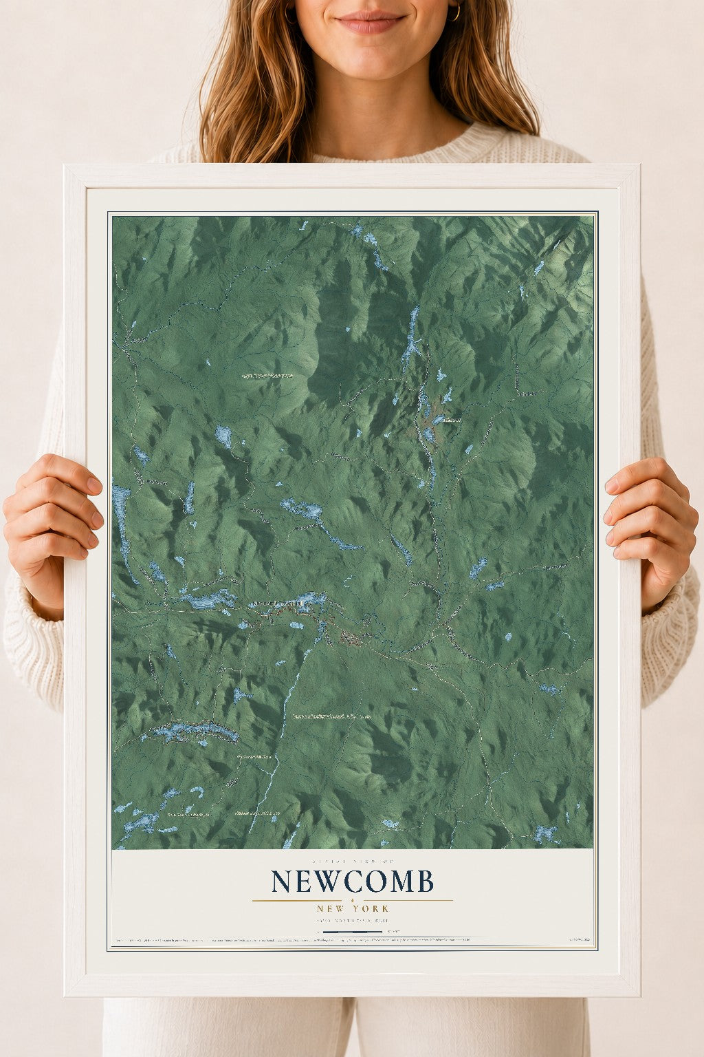 Newcomb, New York map print, 18" x 24" W/ White Ayous Wood Frame mockup