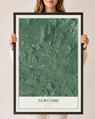 Newcomb, New York map print, 24" x 36" W/ Black Ayous Wood Frame mockup