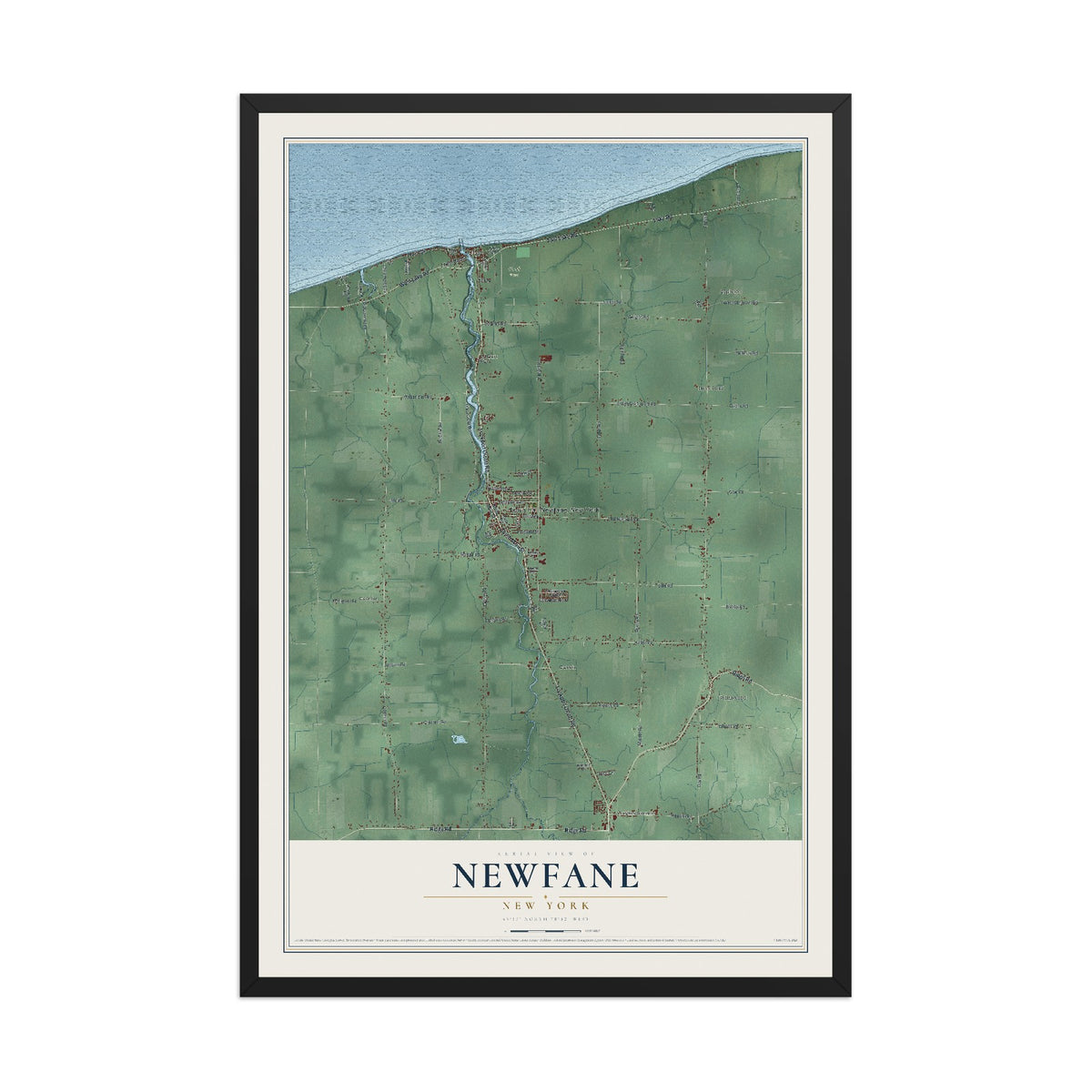 Newfane, New York map print, 12" x 18" W/ Black Ayous Wood Frame mockup