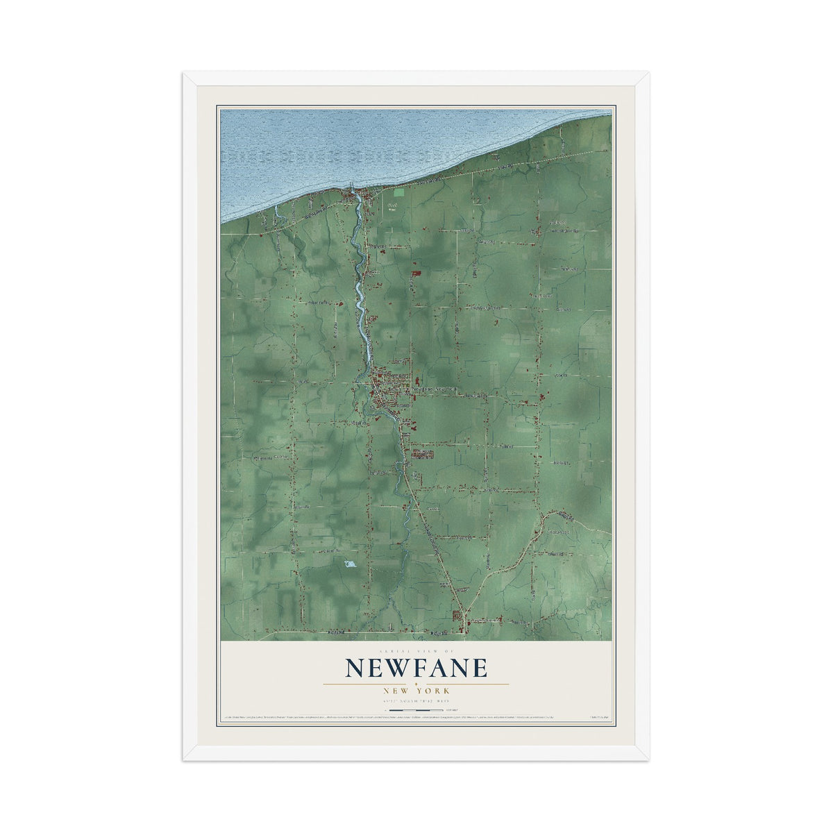 Newfane, New York map print, 12" x 18" W/ White Ayous Wood Frame mockup