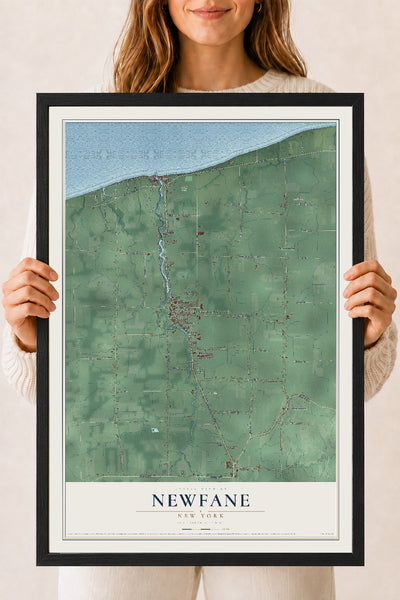 Newfane, New York map print, 18" x 24" W/ Black Ayous Wood Frame mockup