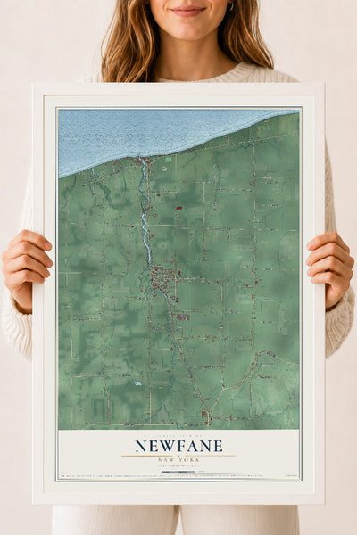 Newfane, New York map print, 18" x 24" W/ White Ayous Wood Frame mockup