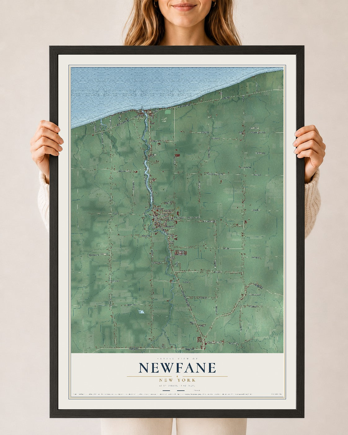 Newfane, New York map print, 24" x 36" W/ Black Ayous Wood Frame mockup