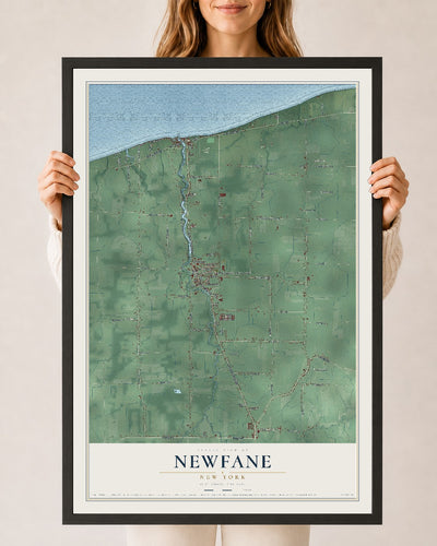 Newfane, New York map print, 24" x 36" W/ Black Ayous Wood Frame mockup