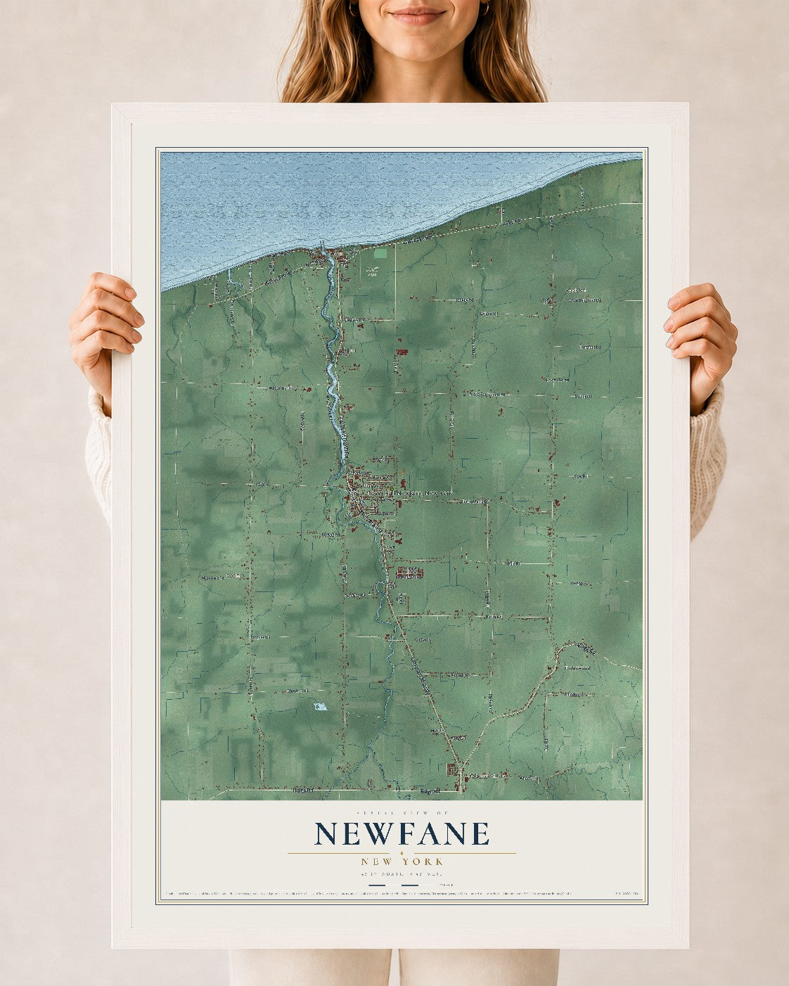 Newfane, New York map print, 24" x 36" W/ White Ayous Wood Frame mockup