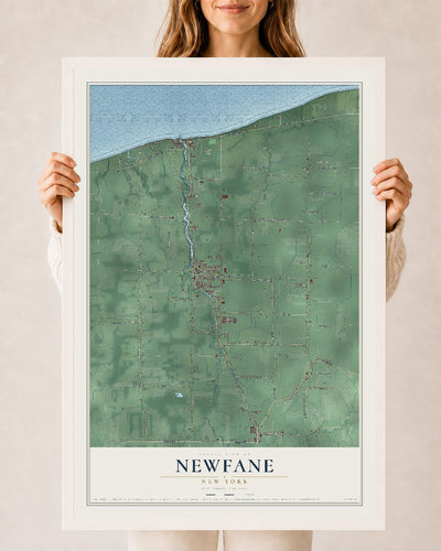Newfane, New York map print, 24" x 36" W/ White Ayous Wood Frame mockup