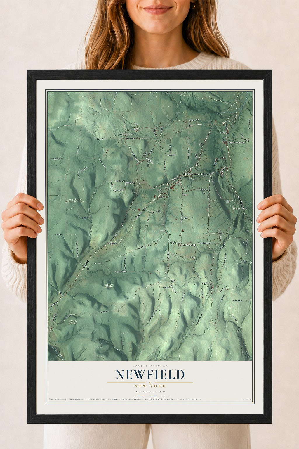 Newfield, New York map print, 18" x 24" W/ Black Ayous Wood Frame mockup