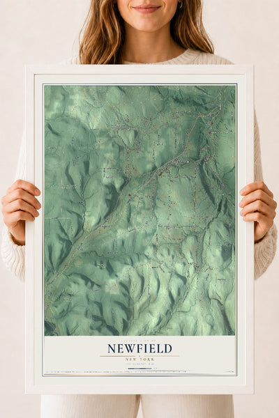 Newfield, New York map print, 18" x 24" W/ White Ayous Wood Frame mockup