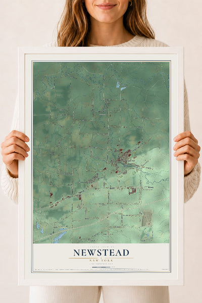 Newstead, New York map print, 18" x 24" W/ White Ayous Wood Frame mockup