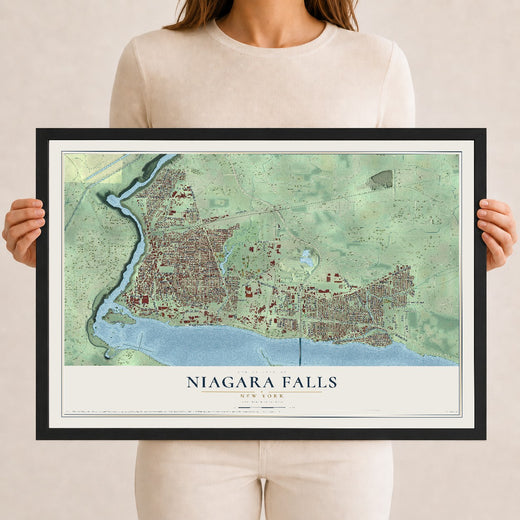 Map of Niagara Falls, New York, 12 x 18 inch print in a black wood frame