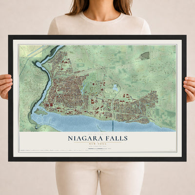 Map of Niagara Falls, New York, 18 x 24 inch print in a black wood frame
