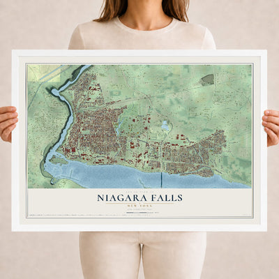 Map of Niagara Falls, New York, 18 x 24 inch print in a white wood frame