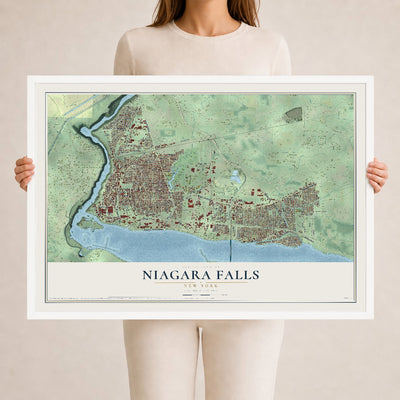 Map of Niagara Falls, New York, 24 x 36 inch print in a white wood frame