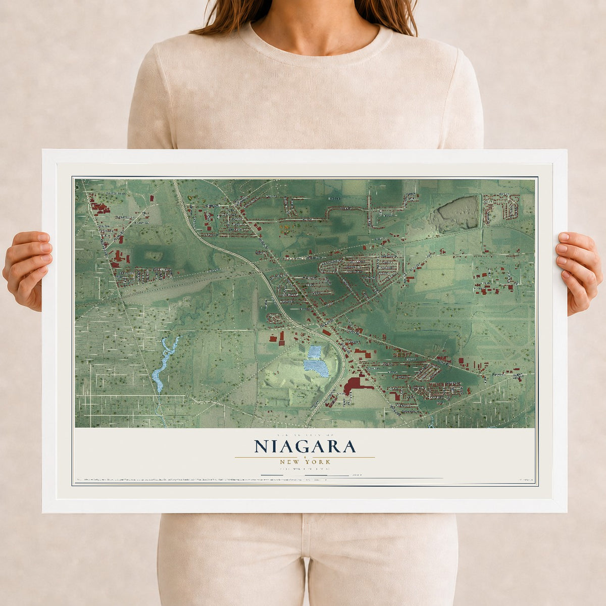 Niagara, New York map print, 12" x 18" W/ White Ayous Wood Frame mockup