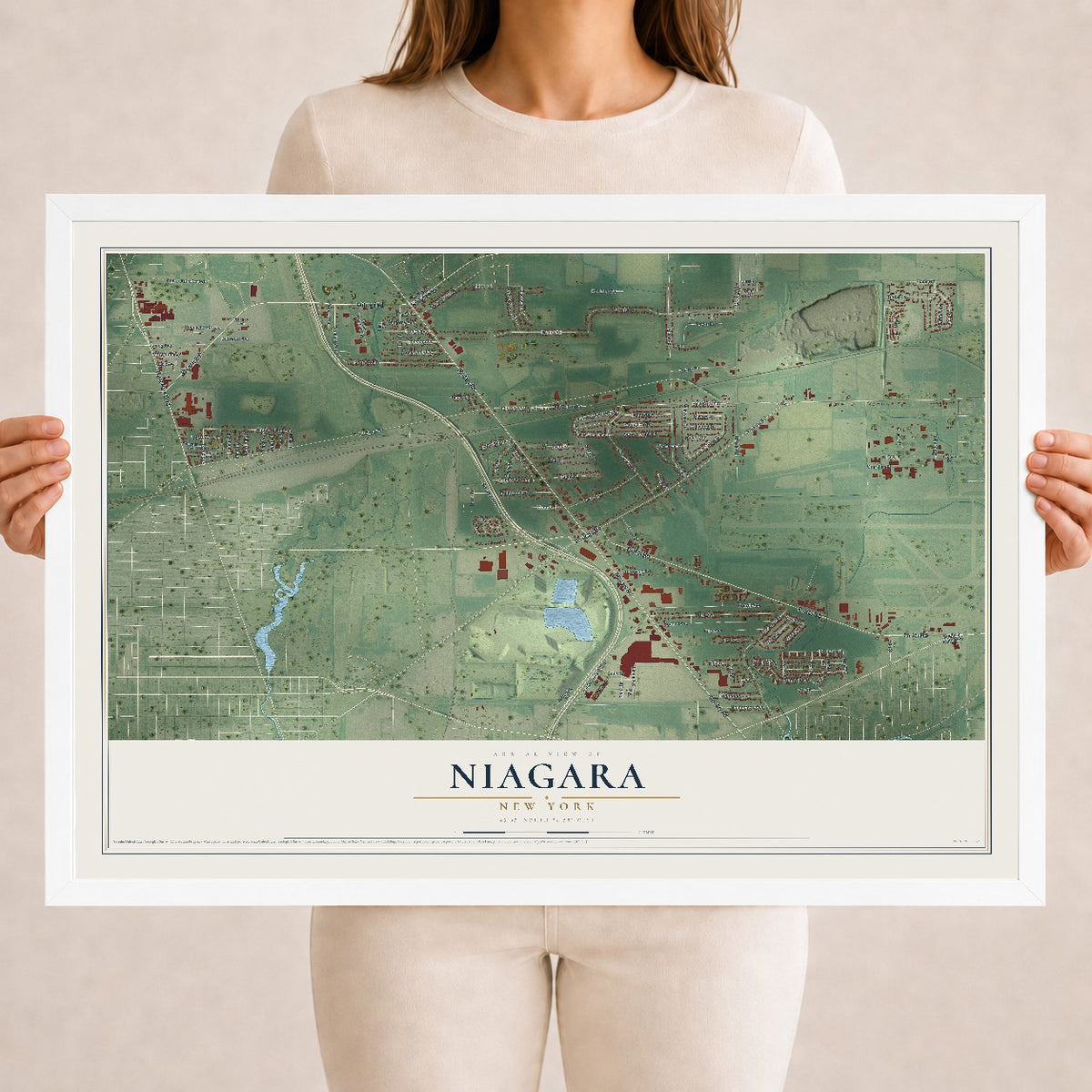 Niagara, New York map print, 18" x 24" W/ White Ayous Wood Frame mockup