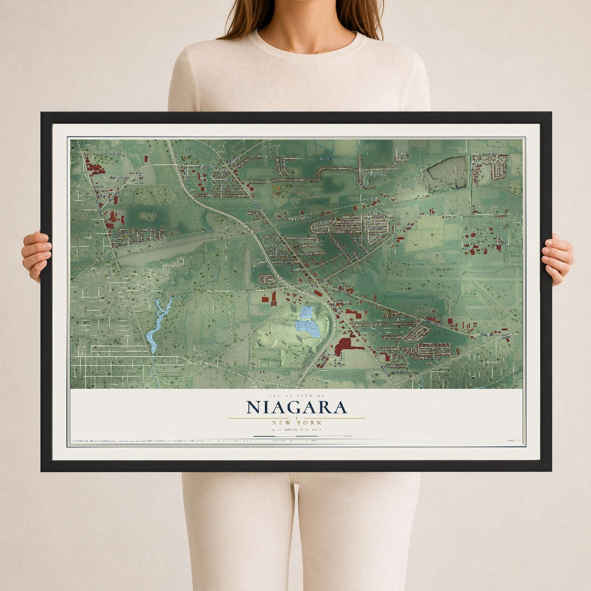 Niagara, New York map print, 24" x 36" W/ Black Ayous Wood Frame mockup