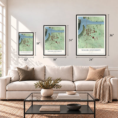Niagara University, New York map in 12 x 18, 18 x 24 and 24 x 36 inch sizes above a sofa