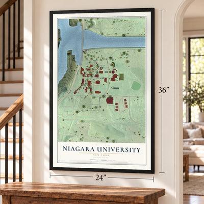 Niagara University, New York map, 24 x 36 inch print in a black frame by a staircase