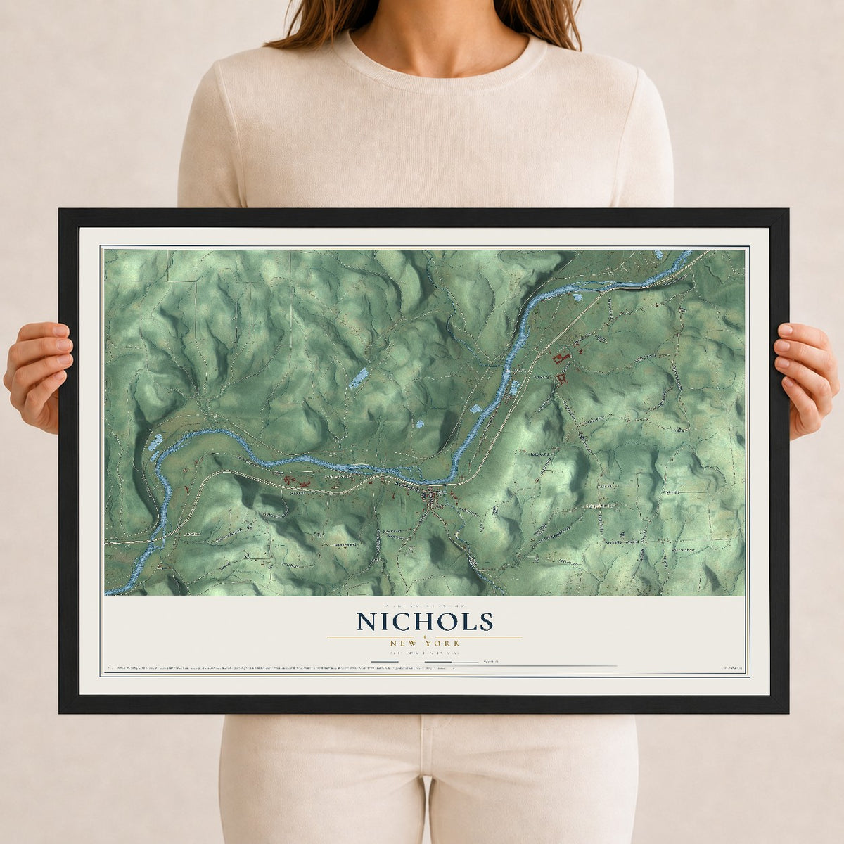 Nichols, New York map print, 12" x 18" W/ Black Ayous Wood Frame mockup