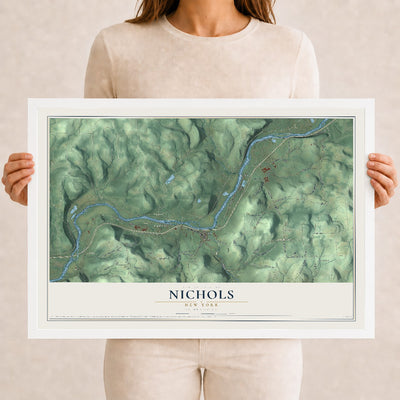 Nichols, New York map print, 12" x 18" W/ White Ayous Wood Frame mockup