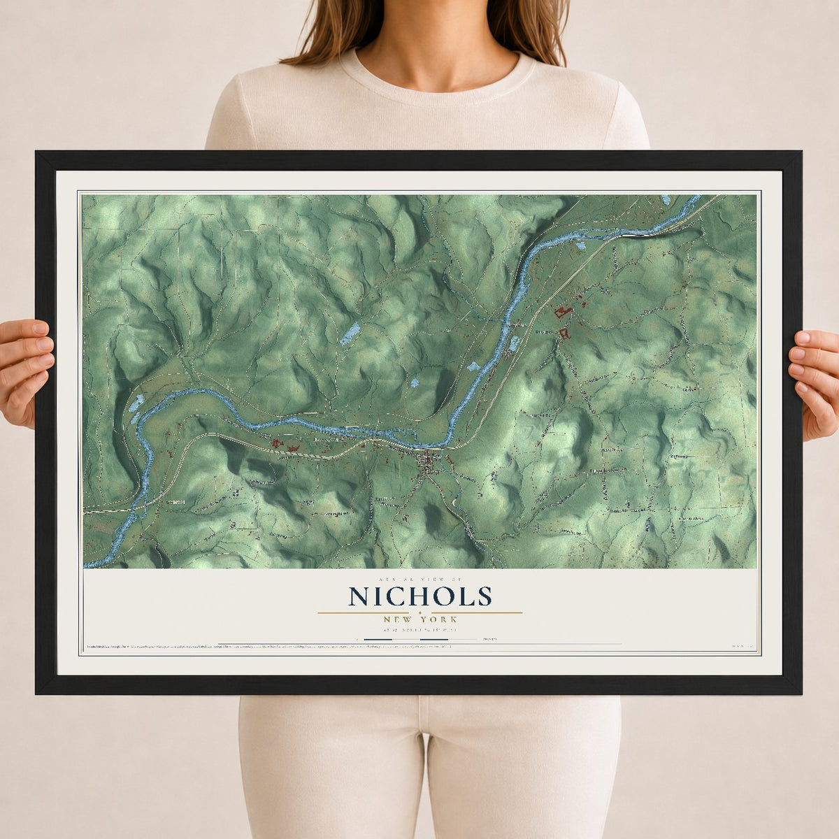 Nichols, New York map print, 18" x 24" W/ Black Ayous Wood Frame mockup