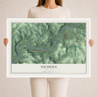 Nichols, New York map print, 24" x 36" W/ White Ayous Wood Frame mockup
