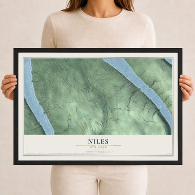 Niles, New York map print, 12" x 18" W/ Black Ayous Wood Frame mockup