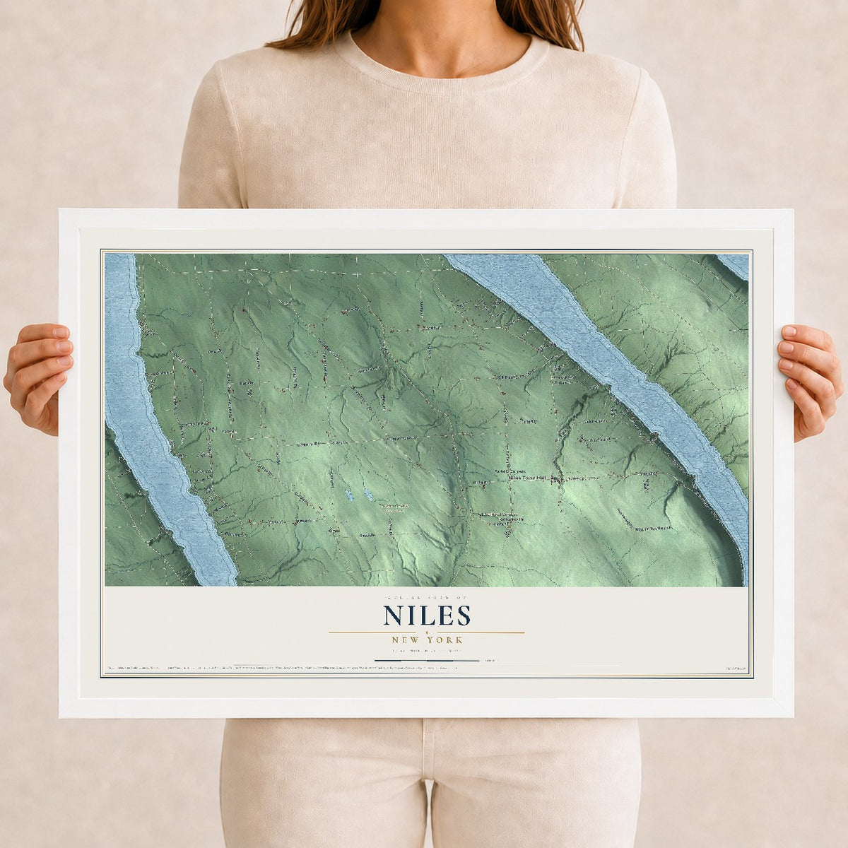 Niles, New York map print, 12" x 18" W/ White Ayous Wood Frame mockup
