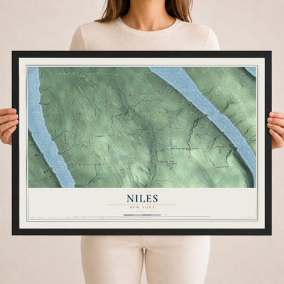 Niles, New York map print, 18" x 24" W/ Black Ayous Wood Frame mockup