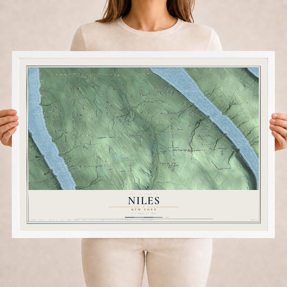 Niles, New York map print, 18" x 24" W/ White Ayous Wood Frame mockup