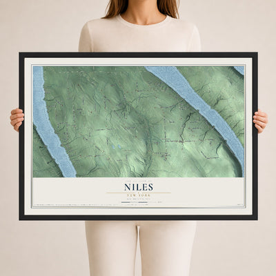 Niles, New York map print, 24" x 36" W/ Black Ayous Wood Frame mockup