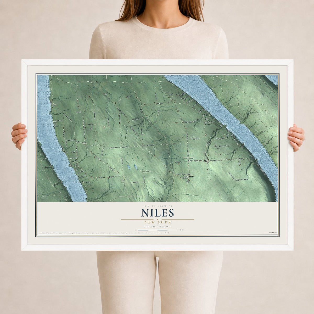 Niles, New York map print, 24" x 36" W/ White Ayous Wood Frame mockup