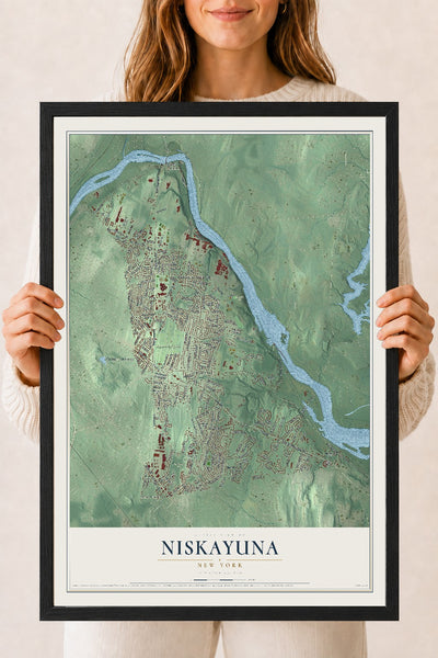 Niskayuna, New York map print, 18" x 24" W/ Black Ayous Wood Frame mockup