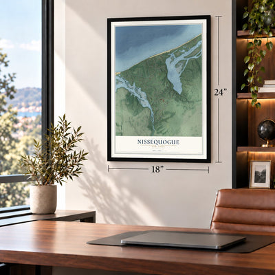 Nissequogue, New York map, 18 x 24 inch print in a black frame in a home office