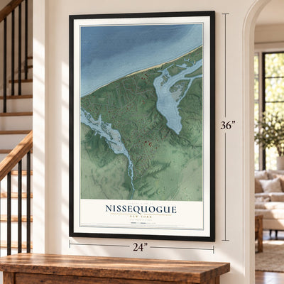 Nissequogue, New York map, 24 x 36 inch print in a black frame by a staircase