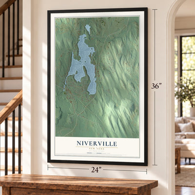Niverville, New York map, 24 x 36 inch print in a black frame by a staircase