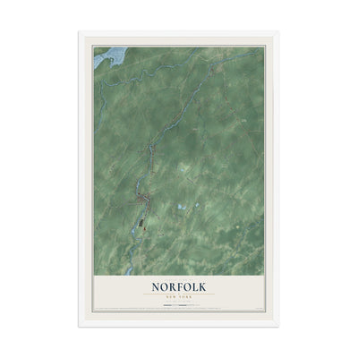 Norfolk, New York map print, 12" x 18" W/ White Ayous Wood Frame mockup