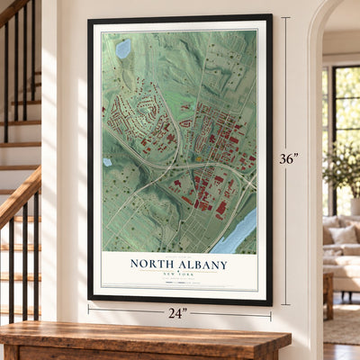 North Albany, New York map, 24 x 36 inch print in a black frame by a staircase