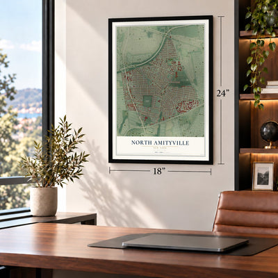 North Amityville, New York map, 18 x 24 inch print in a black frame in a home office