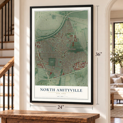 North Amityville, New York map, 24 x 36 inch print in a black frame by a staircase